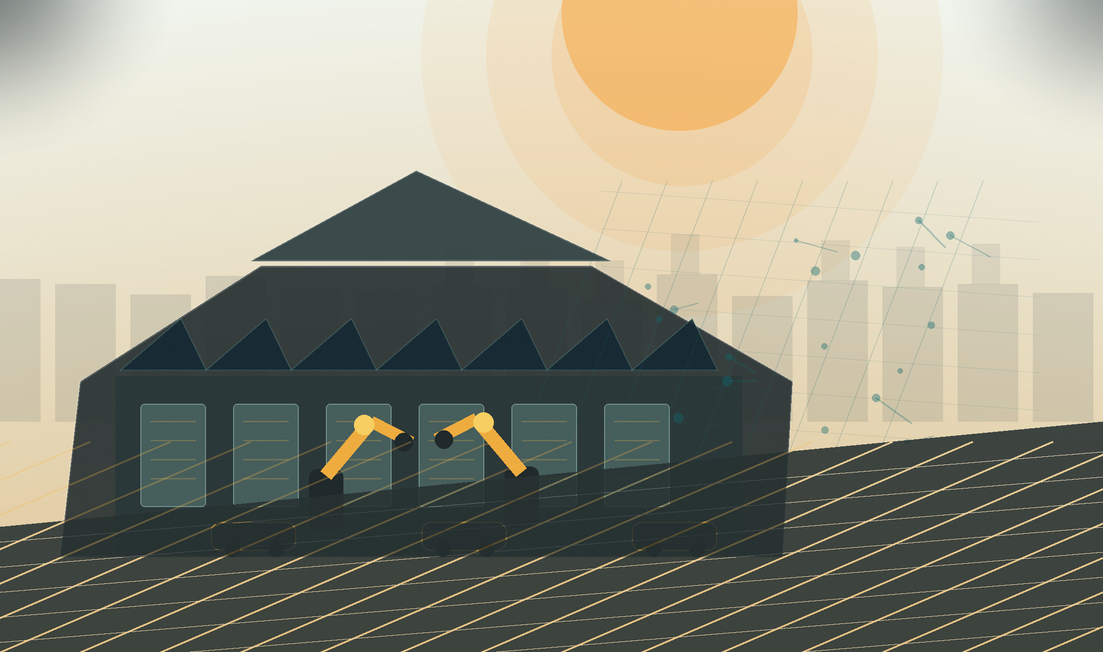 AI designed factory floor with robotics and construction planning overlays